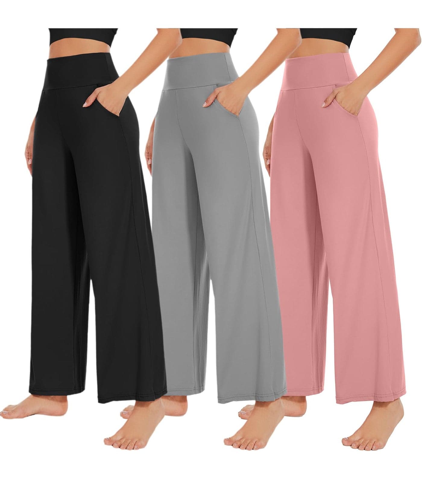 NEW YOUNG 3 Pack Womens Wide Leg Pants with Pockets High Waist Loose Sweatpants Casual Lounge Yoga Workout Palazzo