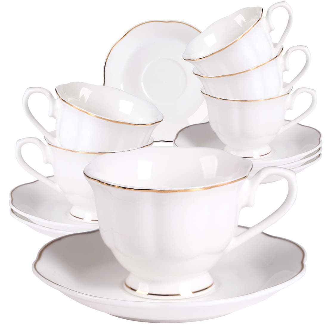 Guangyang 12 pieces Fine Porcelain 25oz Cups and Saucers set of 6 Turkish Coffee Cup set for Double Espresso White Color with Gold Trim