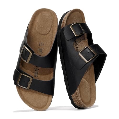 Project Cloud Genuine Leather Flat Sandals Women 2025 Beach Essentials Womens Sandals Memory Foam Vacation Essentials Slides for Women Footwear (Venita, Black, 6.5)