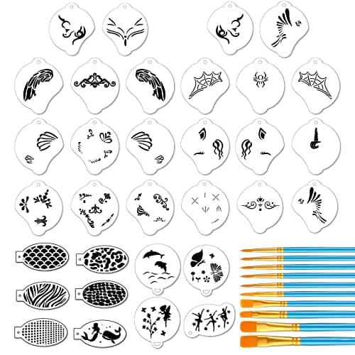 32 Pieces Face Paint Stencils - DIY Body Paint Reusable Temporary Tattoo Set With 10 Brushes for Kids Adults Party Holiday Halloween Makeup
