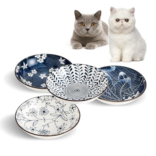 Swuut Ceramic Cat Bowls Set of 4, Vintage Blue and White Pet Dog Bowl for Food & Water, 5.5 in Small Kitten Wide Shallow Dishes for Indoor Cats
