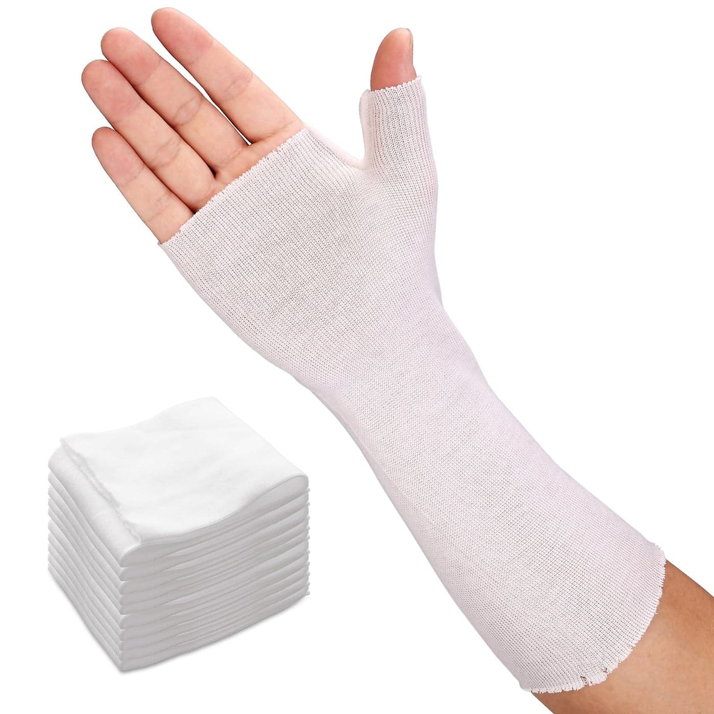 Velpeau Hand Socks for Splint Pack of 10 Breathable Thin Stockinette Tubing for Arm Wrist Brace with Thumb Spica Liner Cotton Gauze Sleeve Under Cast Wrap Arm Cover for Men and Women White Light Version M