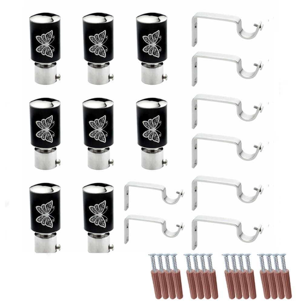 GLOXY ENTERPRISE Stainless Steel Curtain Brackets Parda Holders with Support Fittings 1 Inch Rod Pocket Finials Designer Door and Window (Black 4 Pair)