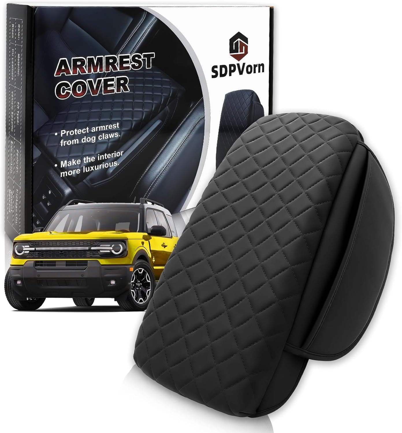SDPVorn Armrest Cover for Ford Bronco Sport (2021-2023) - PU Leather Cushion with Pockets