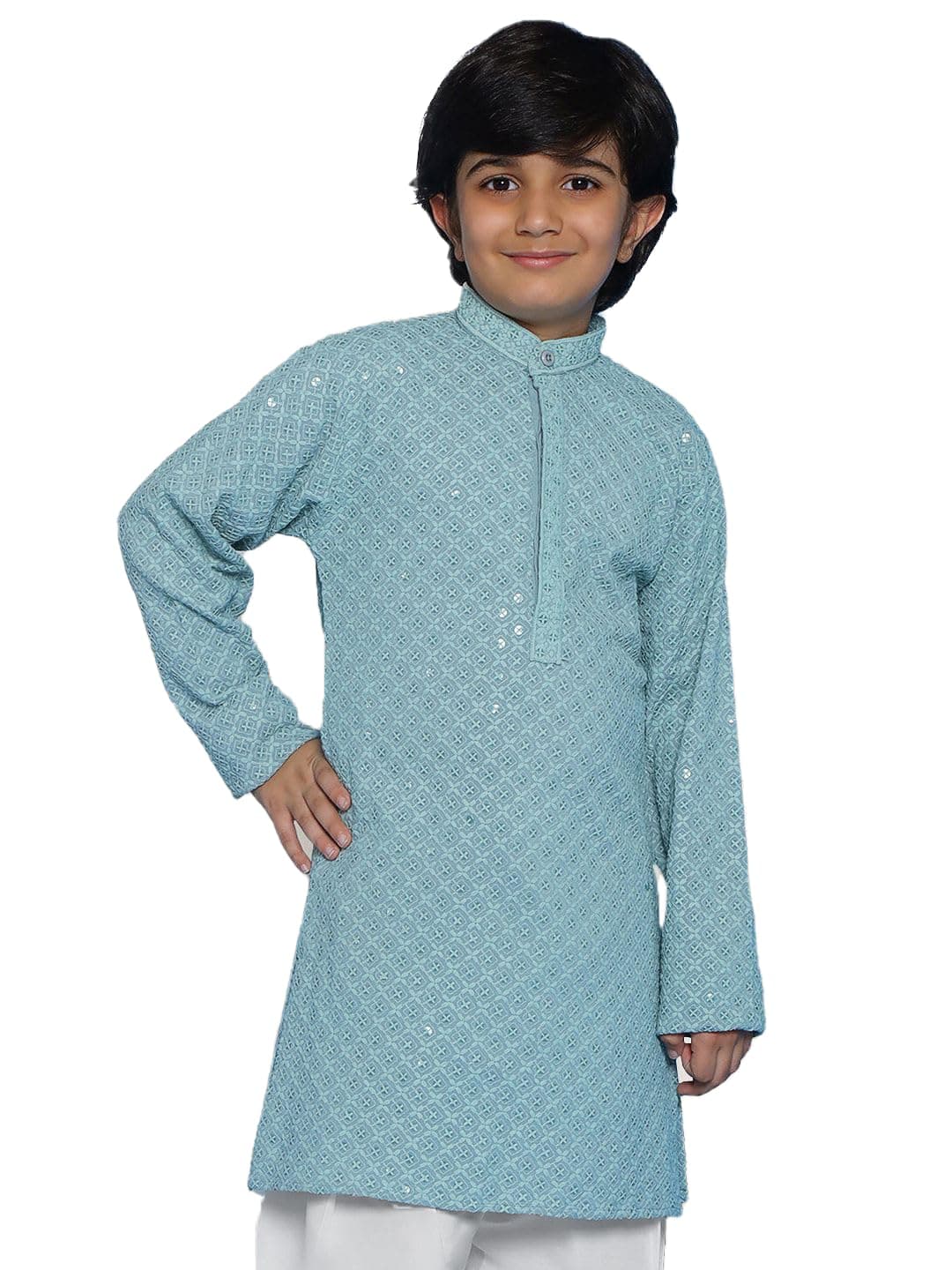 AJ DEZINES Kids Cotton Full Sleeve Sequined Powder Blue Kurta for Boys - Ethnic wear | Special Occasion & Party Outfit | Chikankari Kurta for boys - Regular Fit