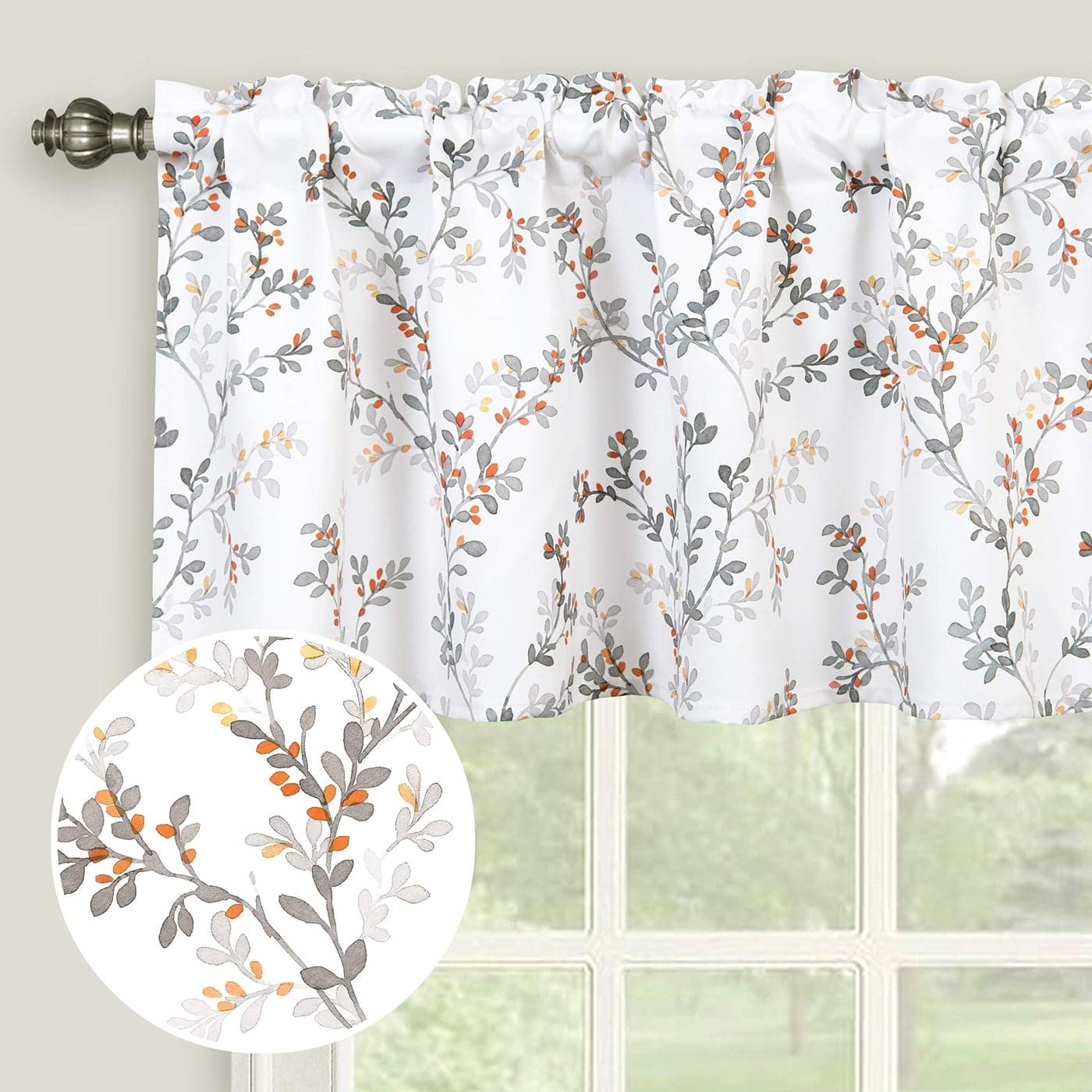 Inselnwald Watercolor Botanical Flowers Leaves Printed Valances for Windows Rod Pocket Window Treatments Valances for Kitchen Cafe Living Bathroom 52 Inch by 18 Inch GrayOrange