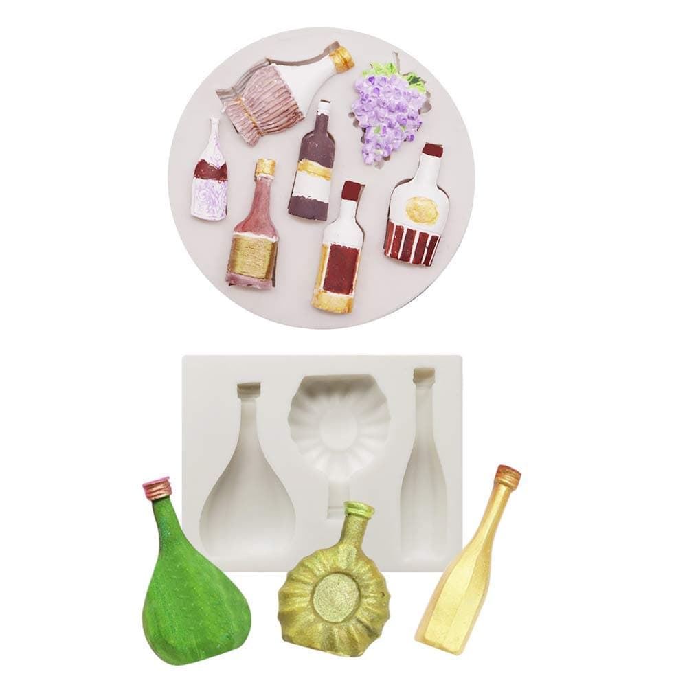 Set of 2 Mini Wine Bottles Silicone Fondant Mold Grape Champagne Bottle Sugarcraft Fondant Cake Cupcake Topper Decorating Tools Polymer Clay Crafting Projects Random Color
