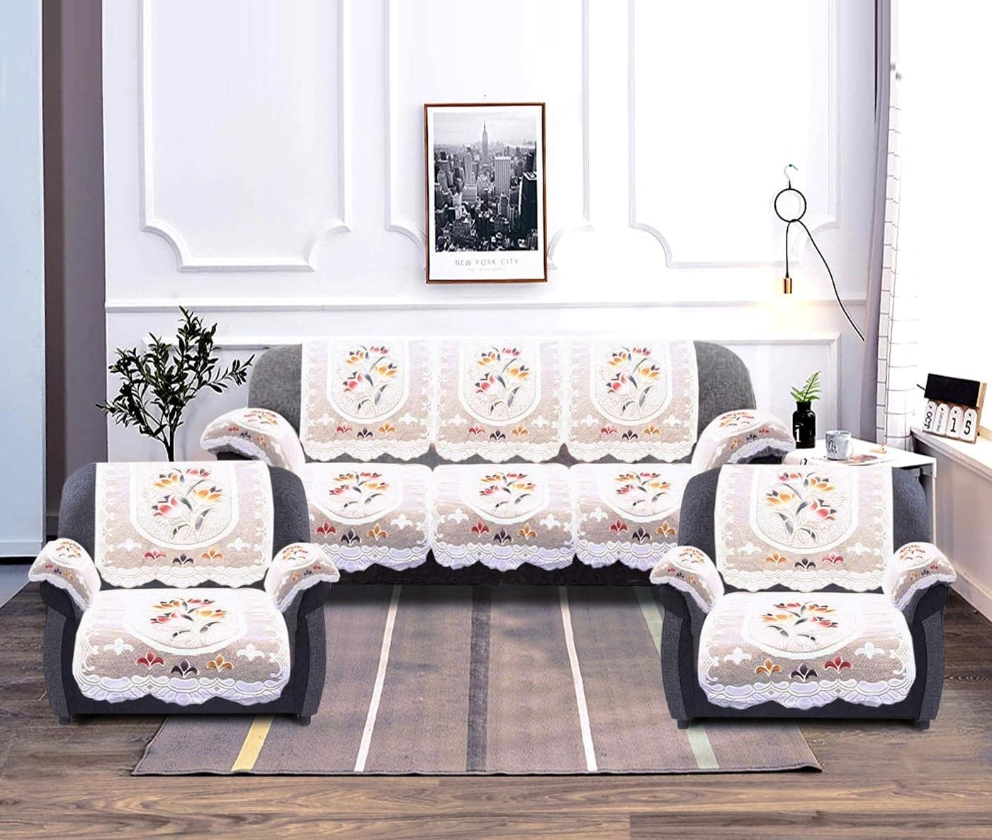 Kuber Industries Flower Design Cotton 5 Seater Sofa Cover with 6 Pieces Arms Cover|Use Both Side|Living Room|Drawing Room|Pack of 16 (Cream)