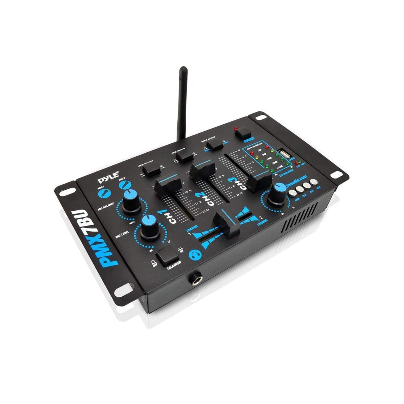 Pyle 3 Wireless Audio Machine3 Channel Bluetooth Compatible DJ Controller Sound Mixer System with MicTalkover USB Reader Dual RCA PhonoLine in Microphone Input Headphone Jack PMX7BU