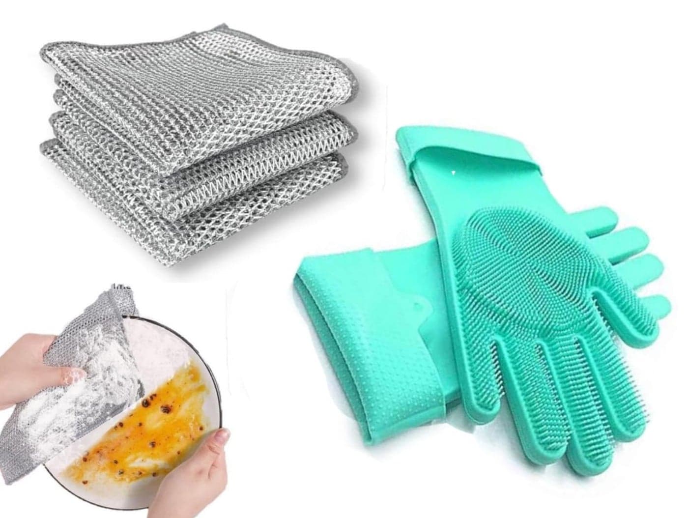 Aim Emporium Silicone Dish Washing Gloves With Non Scratch Wire Dishcloth, (One Pair Cleaning Glove+ Pack of 6 Dishwashing Cloth)