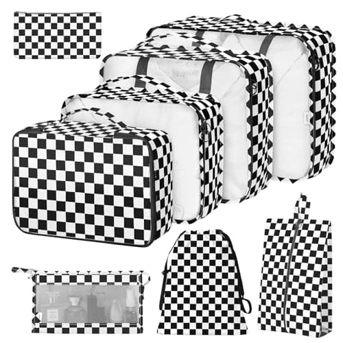 8 Set Packing Cubes for SuitcasesPacking Cube with Shoe Cosmetics Clothing and Accessories Bags Packing Cubes for Travel Luggage Organizer Women MenBlack White Checkered