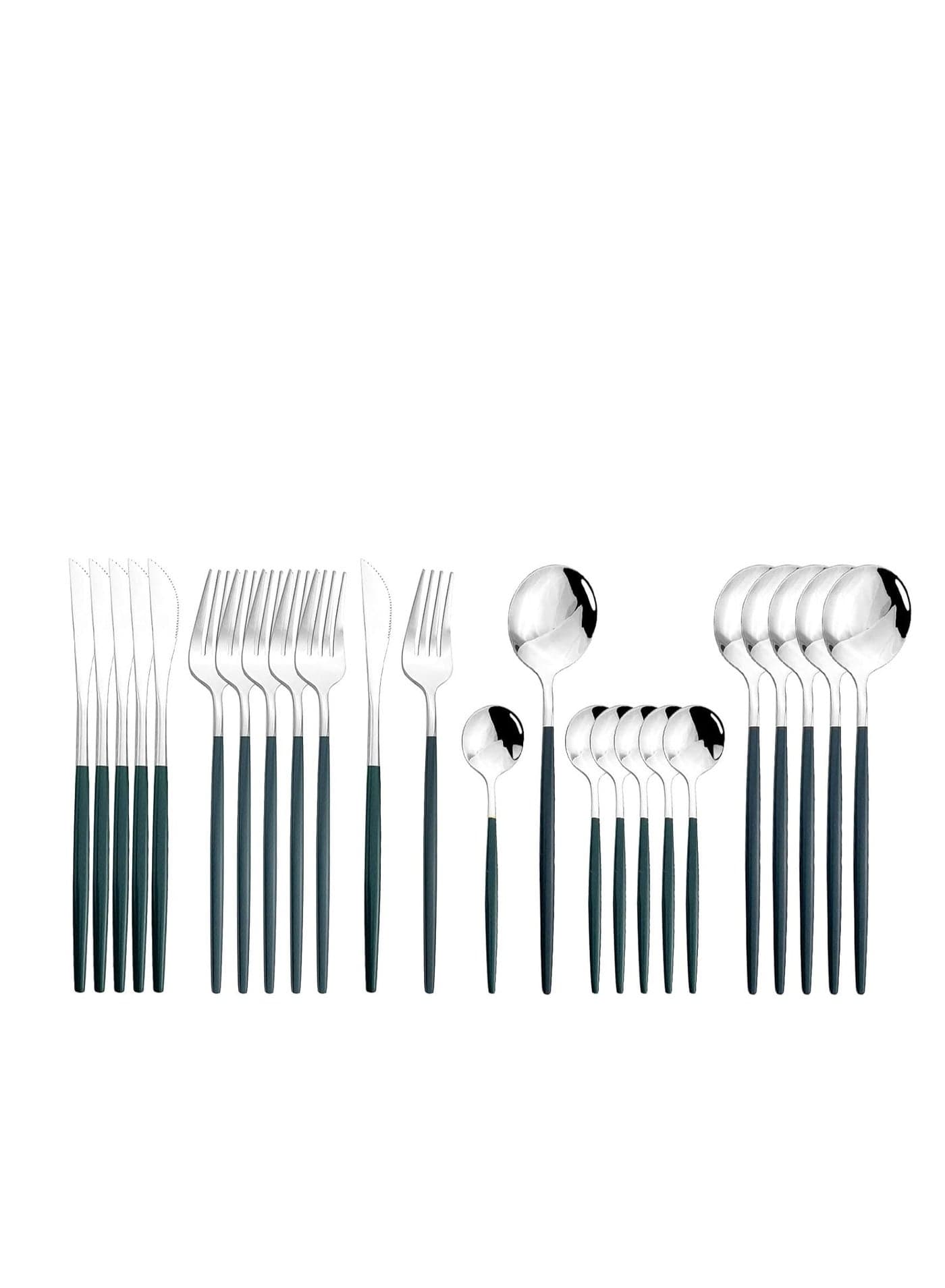 MahMir® Flatware Serving Set 24 Piece, Stainless Steel Silverware Set, Green Gold Cutlery Set, Modern Elegant Tableware Set for Party, Christmas, Dinner (Green Silver)