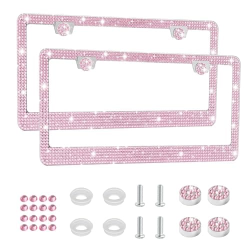 Amiss Bling License Plate Frame for Women, 2Pack Rhinestone Handcrafted Crystal Premium Stainless Steel, Stainless Steel Car Accessories with Diamond Sparkle Glitter Caps (Pink)