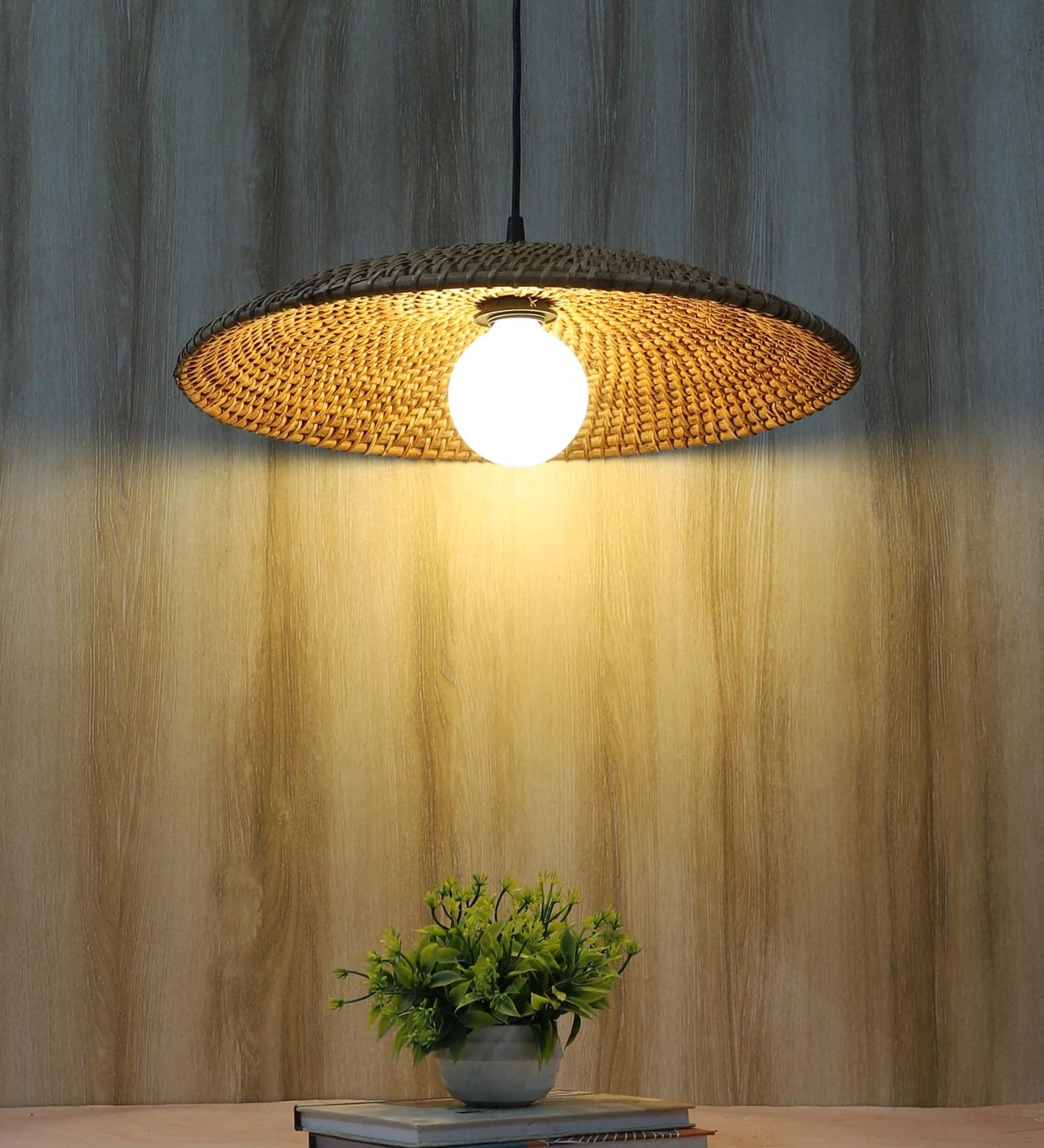 AKWAY Rattan Hanging Lamp for Living Room | Bamboo Pendant Light for Bedroom | Cane Hanging Light for Home Decoration - Eshtika (Bulb Not Included) - (16" Dia)