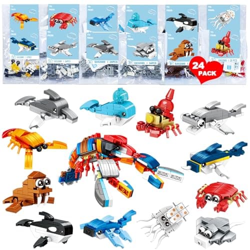 JZILU 24 Packs Valentines Day Gifts for Kids with Sea Animal Building Blocks Valentines Day Cards for Kids School Exchange Bulk Valentines Toys for Boy Girls Classroom