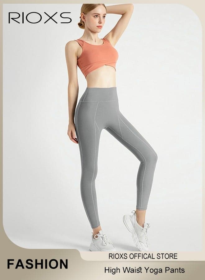 Women's High Waisted Yoga Pants, Stretch Leggings With Side Pockets, Workout Tummy Control Leggings For Sports Gym Yoga Tights, Skinny Leggings For Women Ladies Running