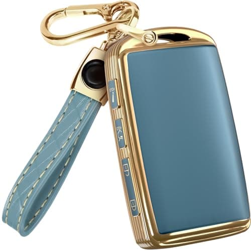 Lucrum for Mazda CX5 Key Fob Cover and Leather Keychain - TPU Key Case for Mazda 3, 6, CX-5, CX-9, CX-30, CX-50, CX-70-2019-2025 Keyfob Cover Compatible with WAZSKE11D0 - Blue and Gold