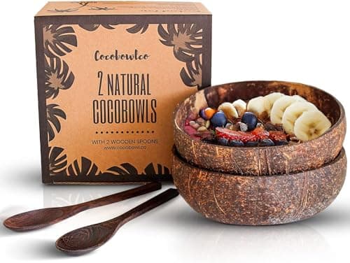 COCOBOWLCO Coconut Bowl Set with Wooden Spoons – Eco-Friendly Acai Bowls, Yogurt Bowls & Smoothie Bowl – Ideal for Ninja Creami & Healthy Breakfasts (2, Natural)