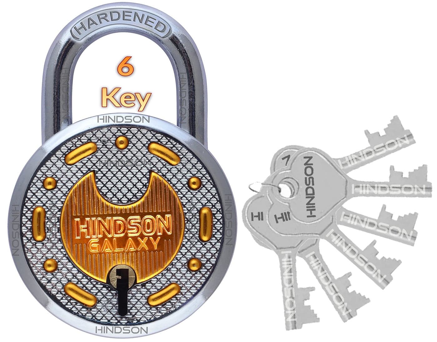 HINDSON Galaxy Brass Lock and Key Round 65mm with 6 Key, Steel Double Locking, 8 Lever Padlock for Door, Gate, Shutter (Finish Gold)