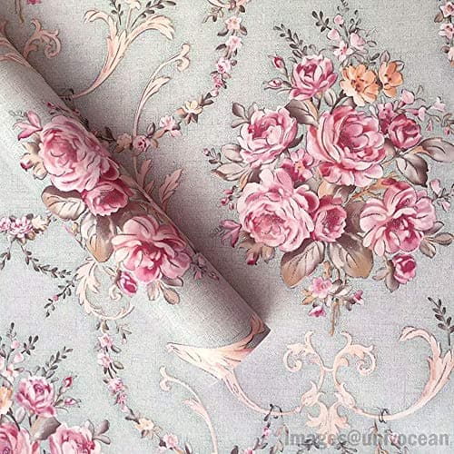 Univocean Pink Rose Pattern Peel and Stick Wallpaper, Self Adhesive PVC Wall Stickers, 1000 x 45 cm