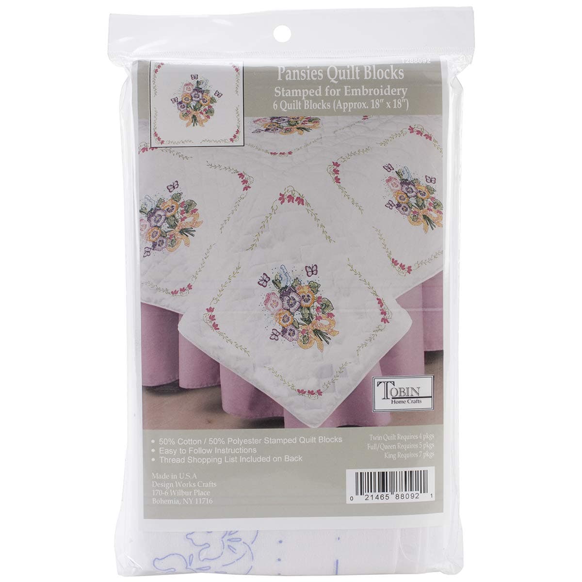 Pansies Stamped for Embroidery Quilt Block Kit
