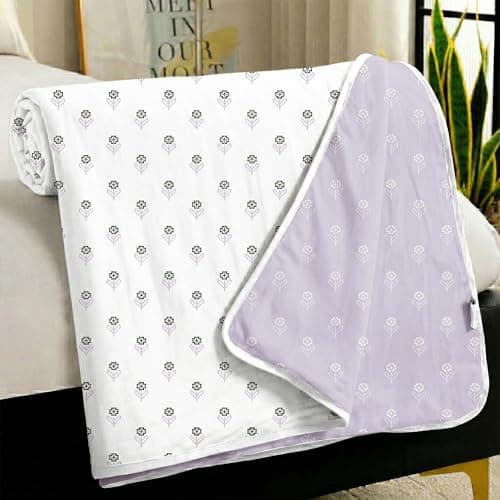Story@Home Dohar Single Bed Cotton AC Blanket for Summer 144x 220CM, 150GSM Ac Comforter and AC Blanket for Summer White & Light Purple Floral Pattern Reversible Duvet Quilt All-Season Blanket