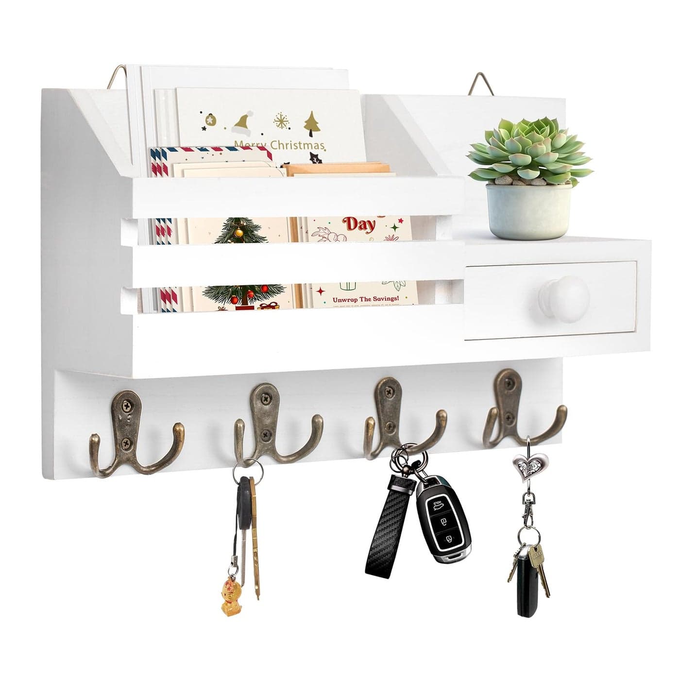 HOMEBROS Key Holder Wall Mount Wooden Adhesive Mail and Key Organizer with Drawer Small Shelf 8 Hooks 2 Installation Methods White