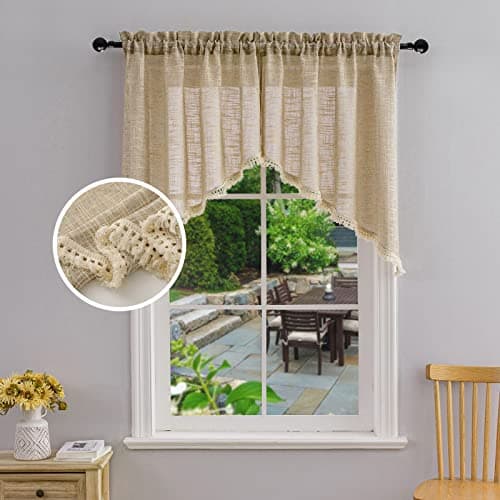 Beda Home Tassel Linen Textured Swag Curtain Valance for Farmhouses’ Kitchen; Light Filtering Rustic Short Swag Topper for Small Windows Bedroom Privacy Added Rod Pocket Design (Taupe 36x36-2PCs)