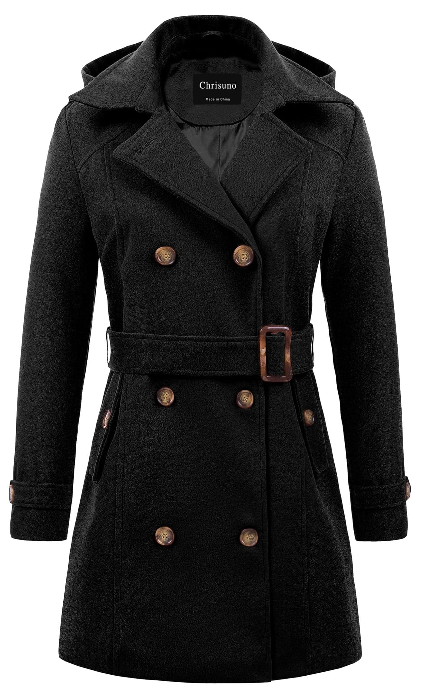 Chrisuno Womens Pea Coat Lapel DoubleBreasted Thick Wool Trench Jacket Black XL