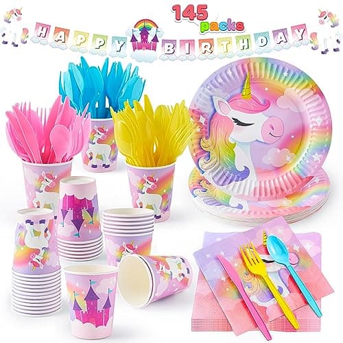 JOYIN 145 Pcs Unicorn Birthday Party Supplies with Unicorn Banner for Girls 24 Serves Unicorn Disposable Tableware Set with Plates Cups Napkins and Cutlery Sets for Unicorn Themes Party Kids