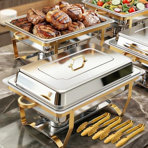 ALSO GO Chafing Dishes for Buffet, Rectangular Chafing Dish Set with 4 Serving Tongs, 9QT 4 Pack Gold Chafing Dishes for Buffet, Party, Gatherings, Banquets, Weddings