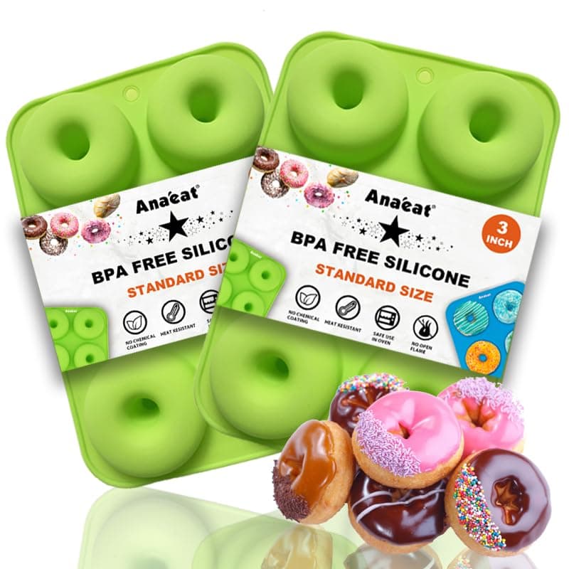 Anaeat 2 Pack Donut Pan Silicone Baking Mold, Just Pop Out! Non-Stick Doughnuts Baking Pans BPA Free for 6 Full-Size Donuts, Muffins, Cake Biscuit Bagels - Easy Clean, Oven, Dishwasher Safe (Green)