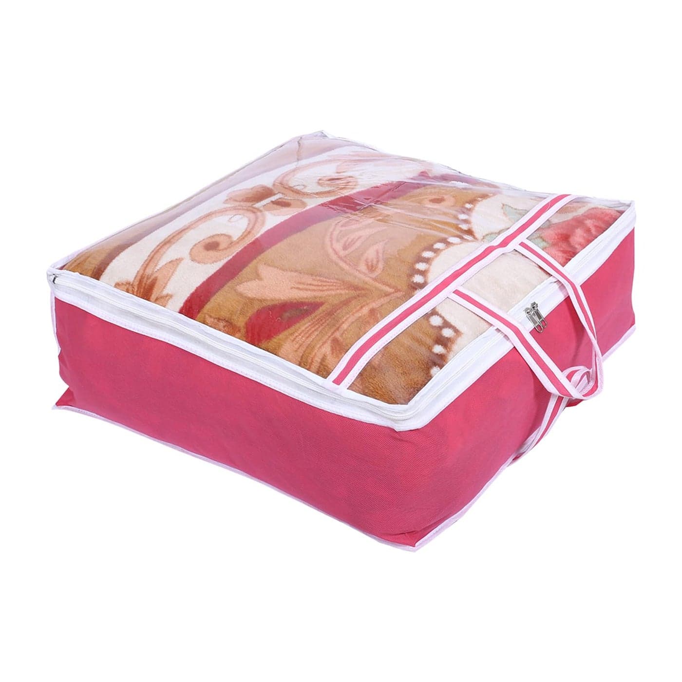 Kuber Industries Blanket Cover NonWoven Blanket Cover for Saree Zipper Storage Bag for Clothes Wardrobe Organizer with Top Transparent Window Extra Large Pink