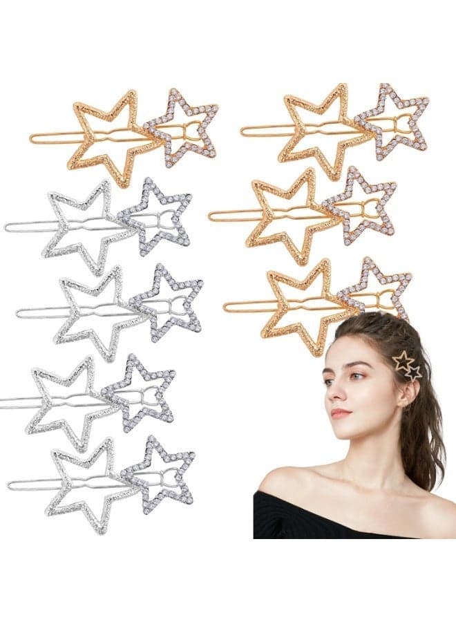 Hollow Star Hair Clips, 8Pcs Non-Slip Metal Geometric Hairpin, Elegant Rhinestone Hair Barrettes for Women Girls Hair Styling Accessories (Gold, Silver)