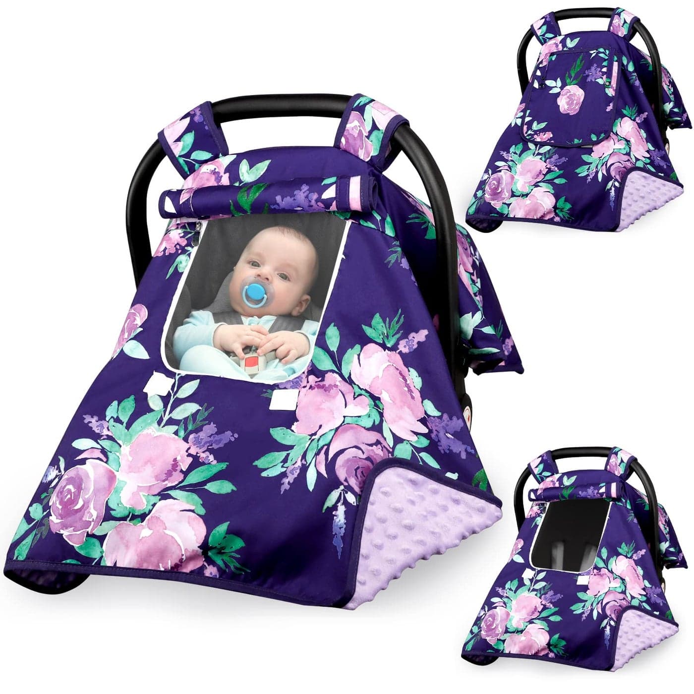 Baby Carseat Seat Cover Girls Winter Carseat Canopy Cozy Warm Cover with Zipper Peep Windows Infant Minky Carrier Cover Soft Breathable Baby Must Have Purple Stuff