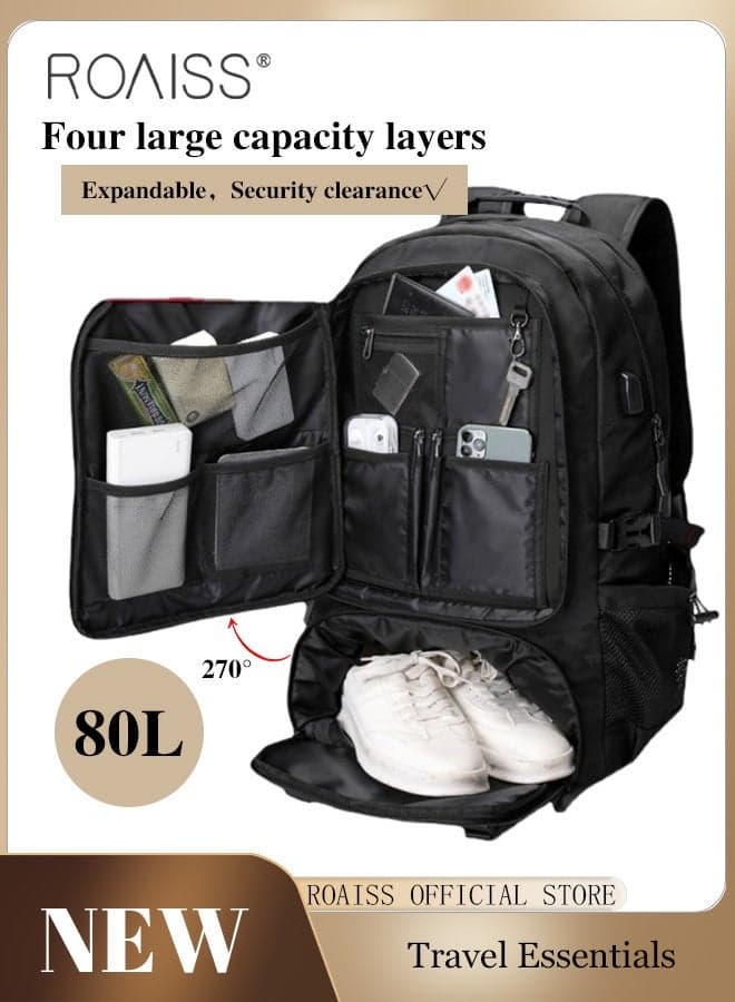 Men Outdoor Sports Mountaineering Bag, External Charging Port, Independent Shoe Compartment, Large Capacity Scientific Compartmentalized Backpack, Short Distance Luggage Bag, Black