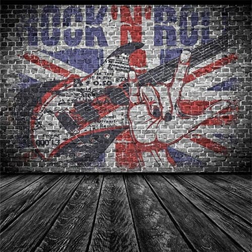 AOFOTO 10x10ft Rock Music Guitar Backdrop Vintage Graffiti Brick Wall Black Wooden Floor Rock and Roll Hip Hop Theme Birthday Decorations Photography Background Back to 70s 80s 90s Party Supplies