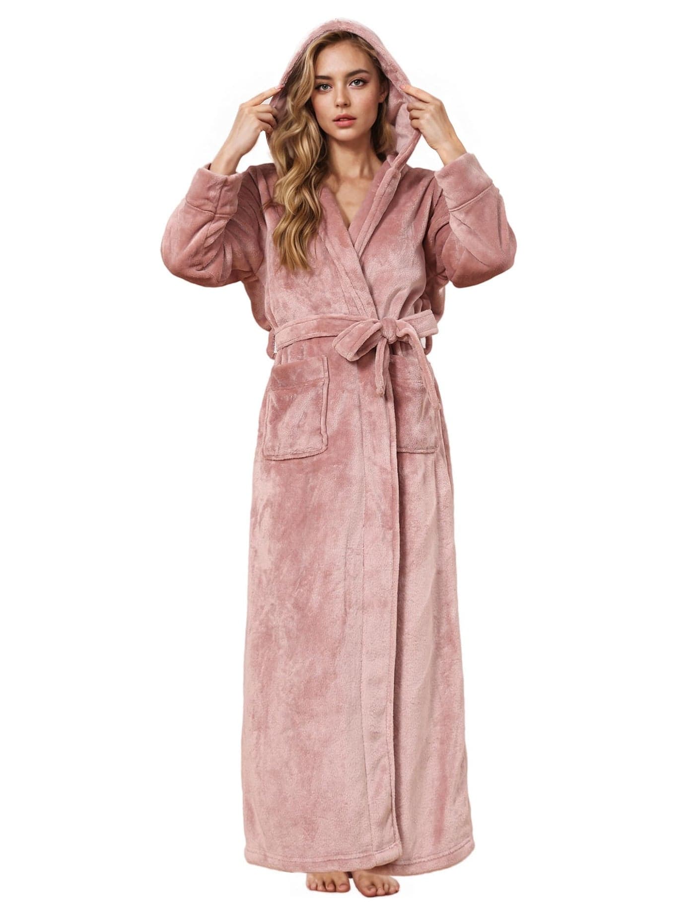 Hellomamma Long Hooded Robe for Women Luxurious Flannel Fleece Full Length Bathrobe Winter Warm Pajamas Shower Nightgown Taupe Medium