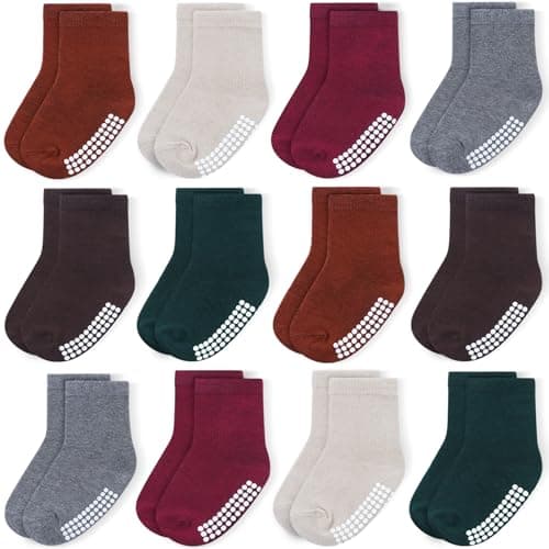 JAKIDAR 12 Pack Baby Toddler Socks Non Slip Grip Cotton Crew Socks for Boys Girls Infants Kids, Angola Red, 2-4T