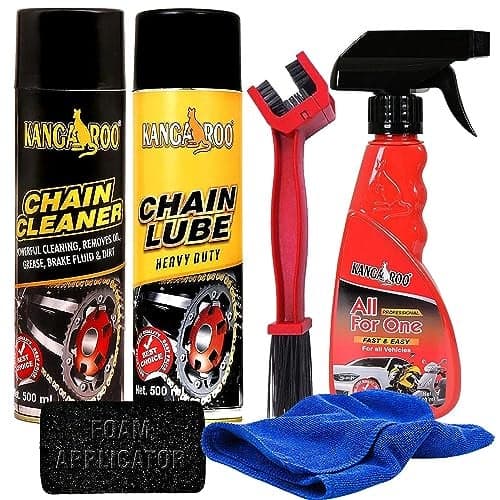 Kangaroo Chain Lube Spray & Chain Cleaner Lubricant Spray(500 Ml Each) with Chain Cleaner Brush Car and Bike Polish Shiner(200 Ml) 1 Microfiber Cloth with Foam Applicator.
