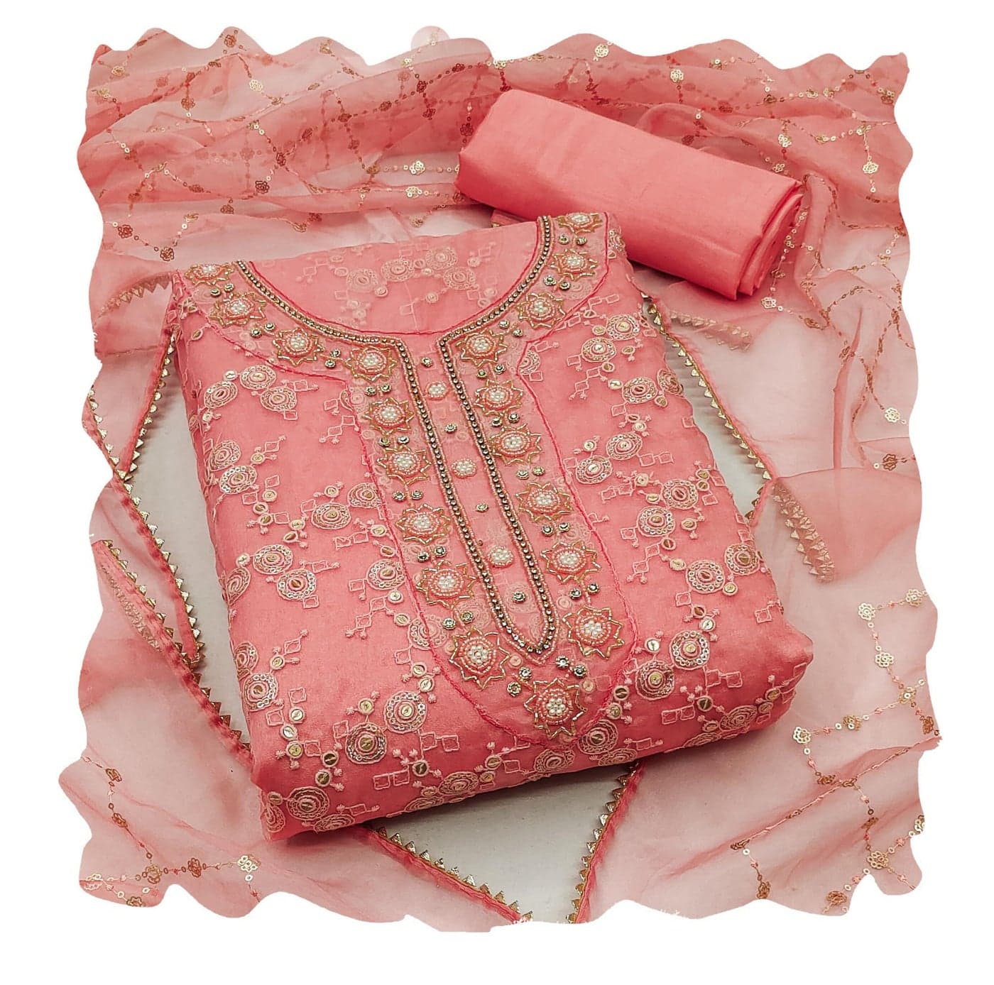 MANVAA Women'S Peach Unstitched Designer Sequence And Hand Work Work With Heavy Embrodiered Dupatta Work Pure Organza Dress Material (MSMFC11304D)