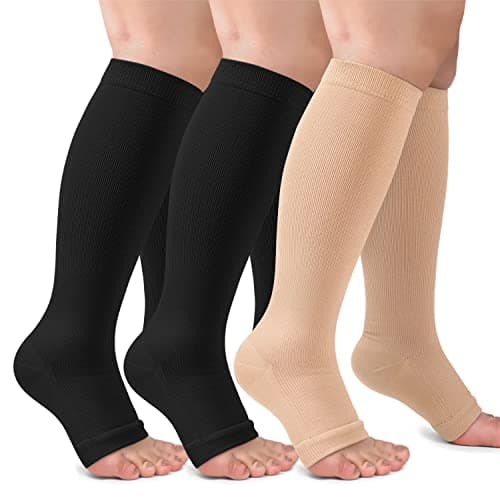 3 Pack Open Toe Compression Socks for Women & Men, Toeless Knee High Stockings for Circulation Support, Black Nude Large-X-Large