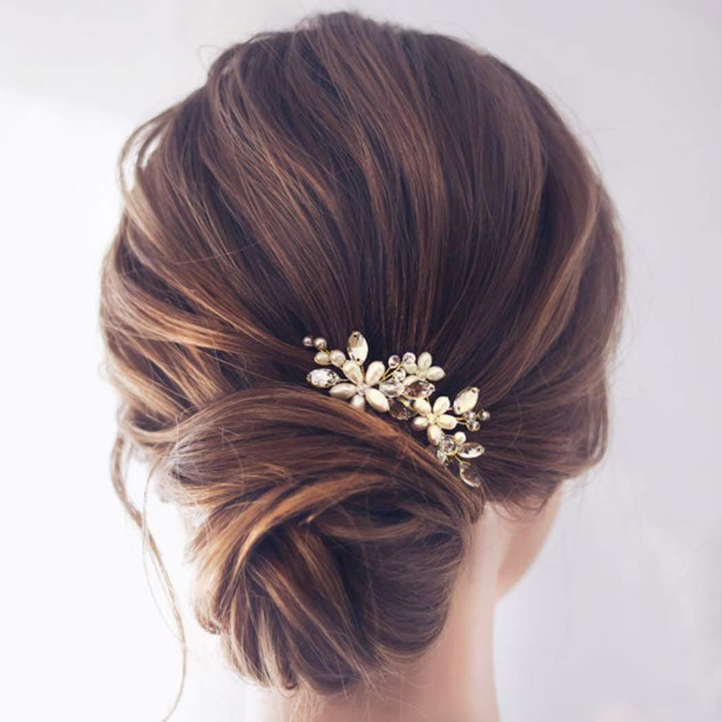 JAKAWIN Bride Wedding Pearl Hair Pins Rhinestone Flower Hair Piece Dressy Bridal Hair Accessories for Women HP065 Gold