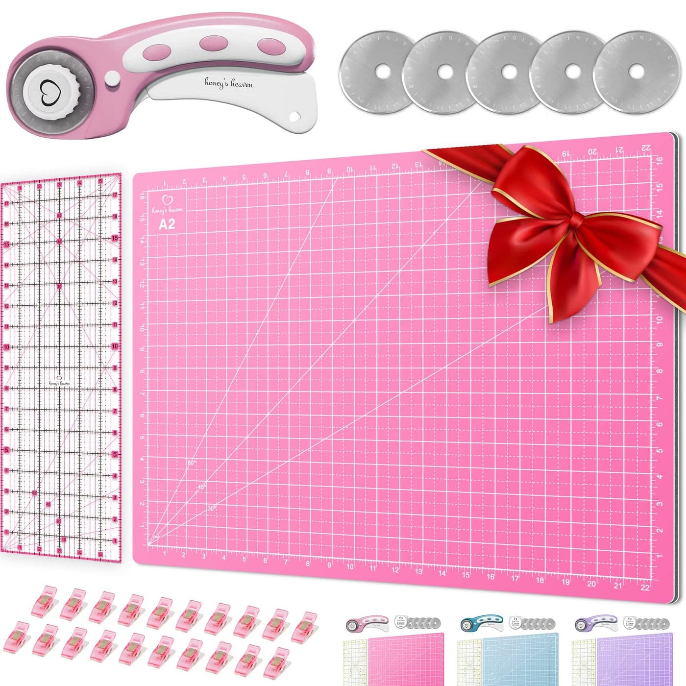 Rotary Cutter Set pink Quilting Kit incl 45mm Rotary Cutter 5 Replacement Blades A2 Cutting Mat Acrylic Ruler and Craft Clips Ideal for Crafting Sewing Patchworking Crochet Knitting