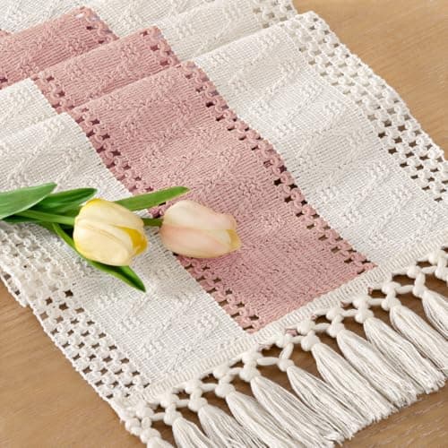 Socomi Boho Table Runner Summer Farmhouse Rustic Dining Kitchen Centerpiece Decor Small Macrame Woven Cotton Linen Coffee Table Runner for Dresser Scarf Home Decor 12x48 inPink Ivory