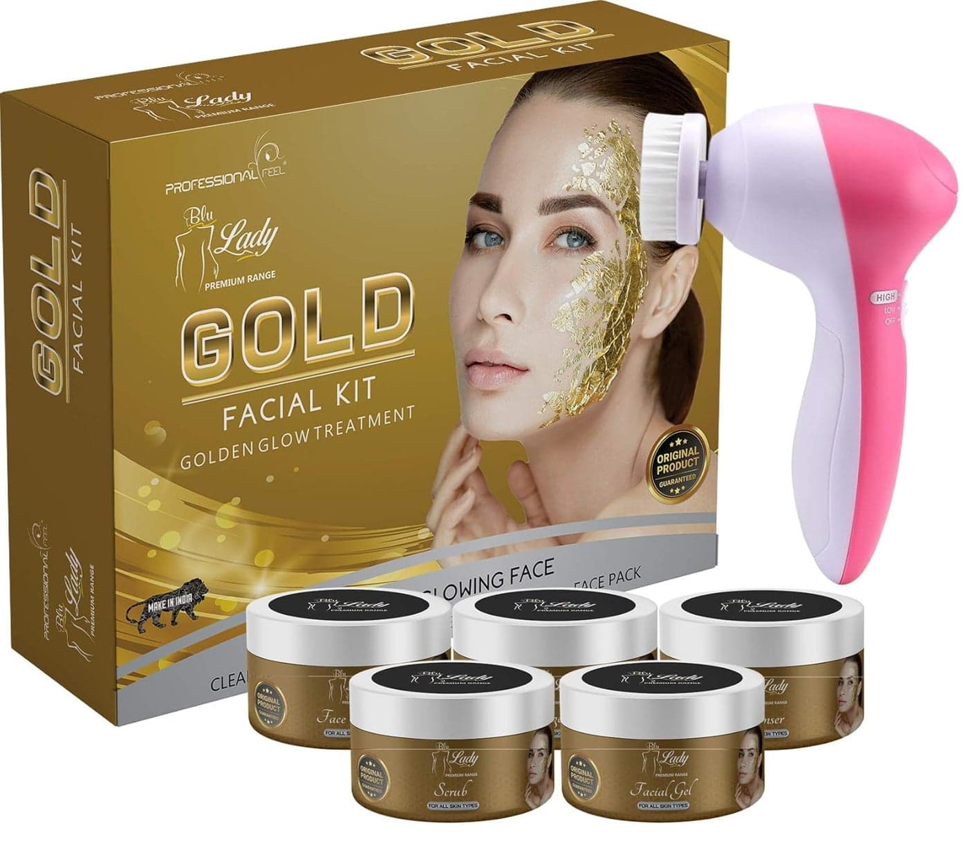 Professional Feel Blue Lady 24K Gold Facial Kit With Face Massager sp combo Diamond Best Instat Glow Facial Kit Ever in INDIA 275 Gm