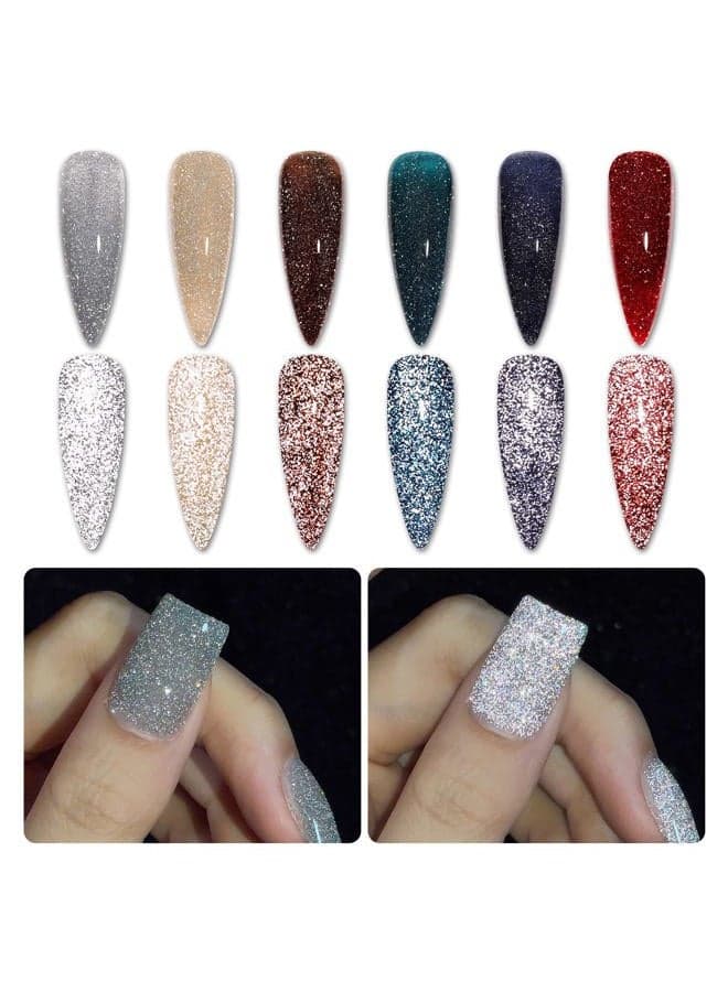 Reflective Glitter Gel Nail Polish Set, 6 Colors Including Red Brown Blue Holographic Glitter Gel Polish Kit UV LED Soak Off Sparkly Home DIY Manicure Nail Salon Shiny Varnish