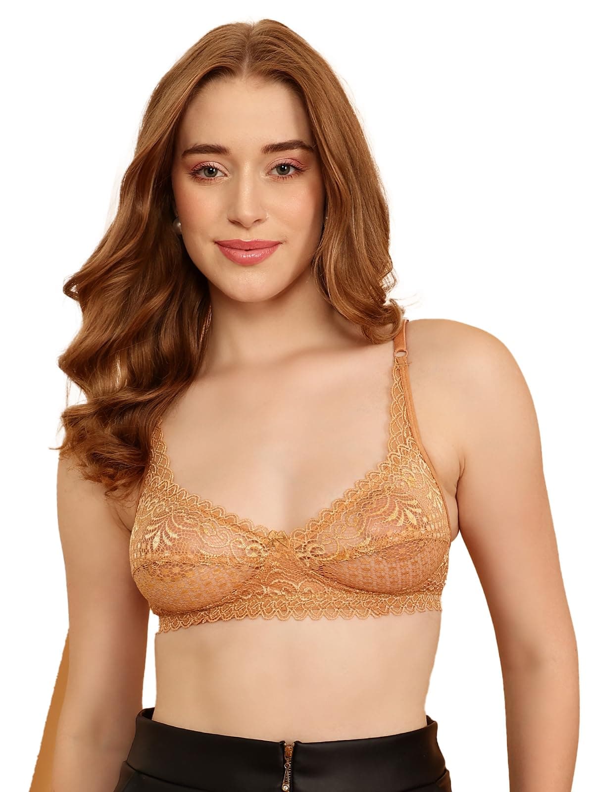 Clovia Women's Lace Non-Padded Non-Wired Full Cup Self-Patterned Bra (BR0224P24_Beige_36D)