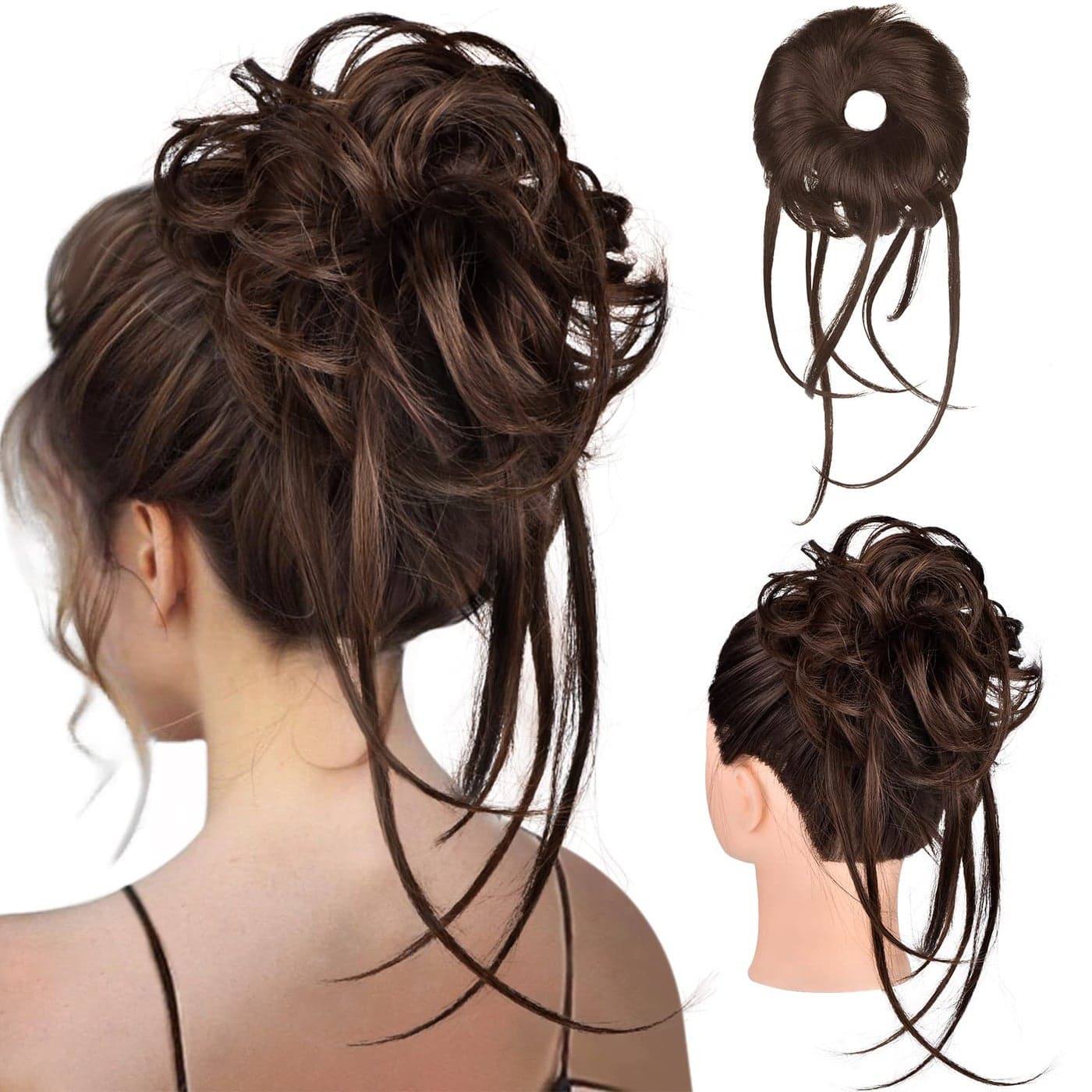 HOOJIH Messy Bun Hair Piece Super Long Tousled Updo Hair Bun Extensions with Elastic Hair Band HB007 Grace Warm Brown with Little Black Mixed