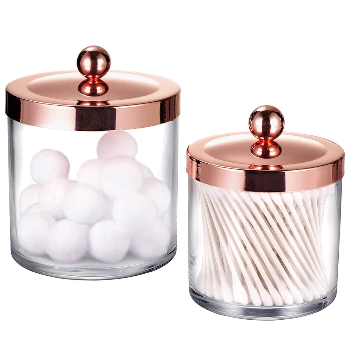 SheeChung 2 Pack Premium Plastic Apothecary Jars Qtip Holder Bathroom Vanity Kitchen Countertop Storage Organizer Canisters for Cotton Balls Cotton Swabs Candy Makeup Spongesrose gold